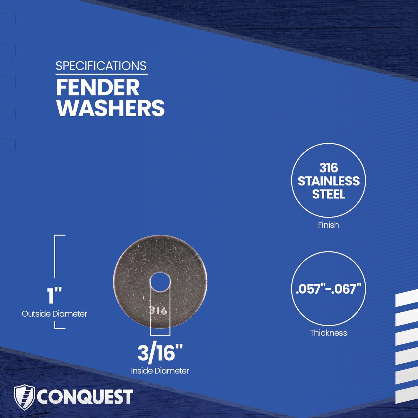 Fender washer with specifications on a blue background