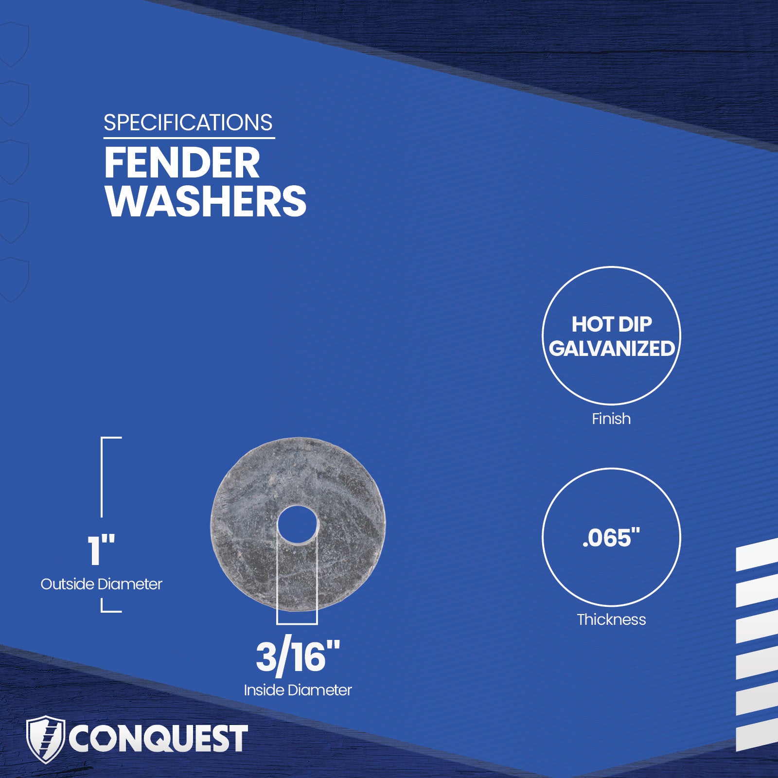 Fender washer with specifications on a blue background