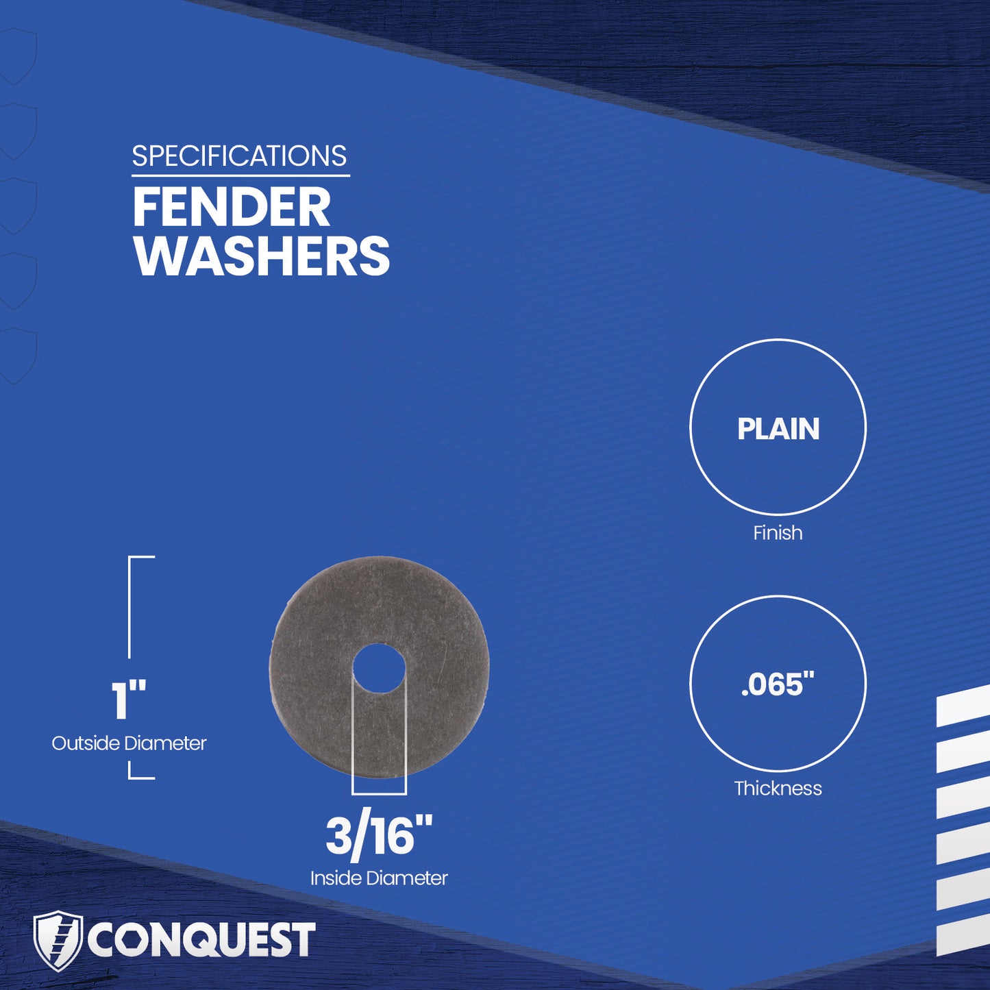 Fender washer with specifications on a blue background
