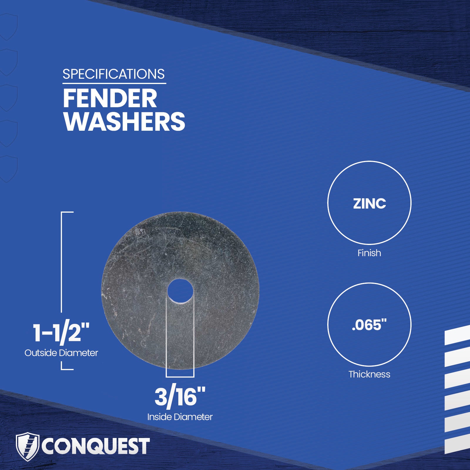 Fender washer with specifications on a blue background
