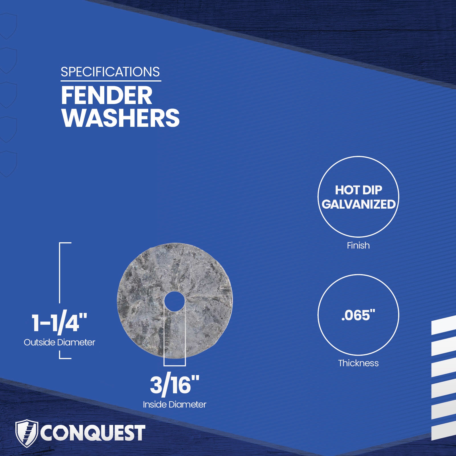 Fender washer with specifications on a blue background