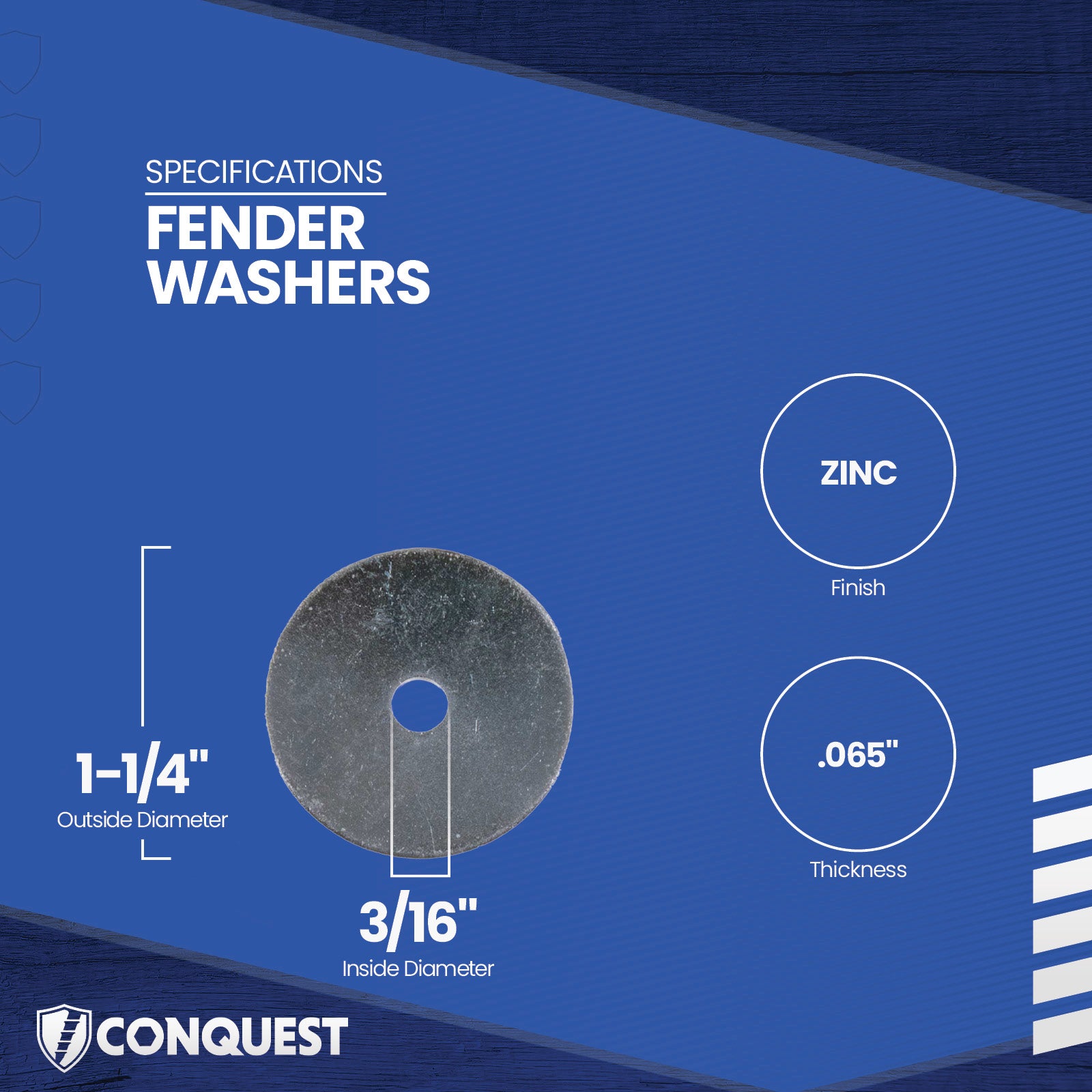 Fender washer with specifications on a blue background