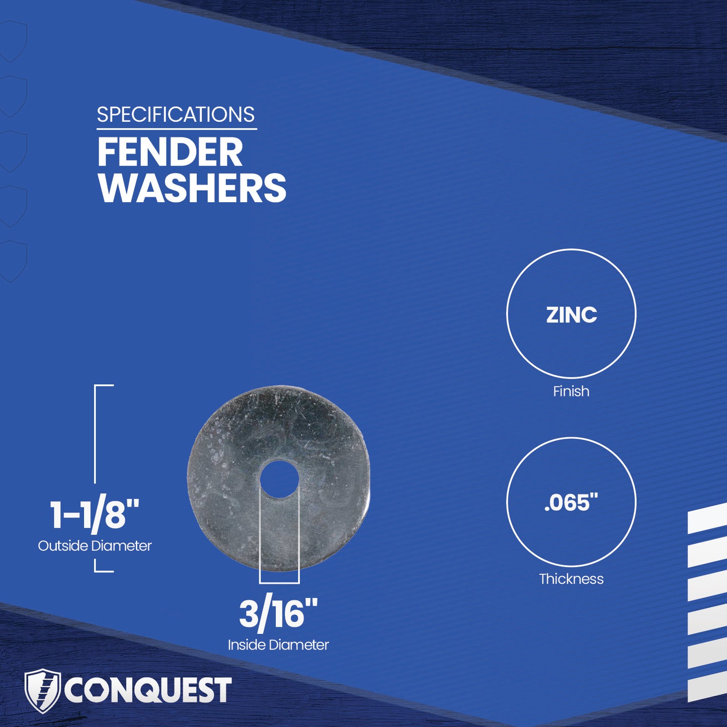 Fender washer with specifications on a blue background
