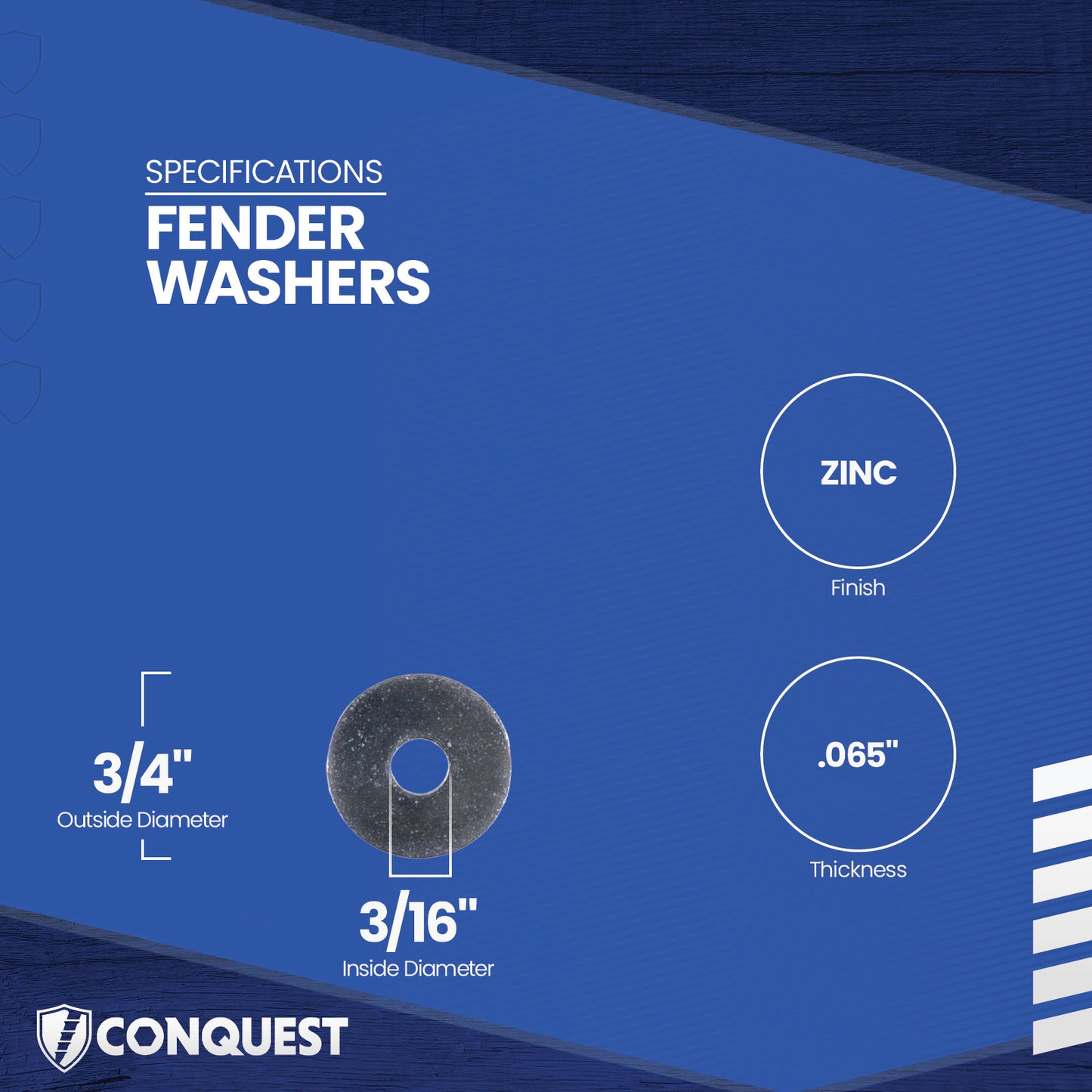 Fender washer with specifications on a blue background
