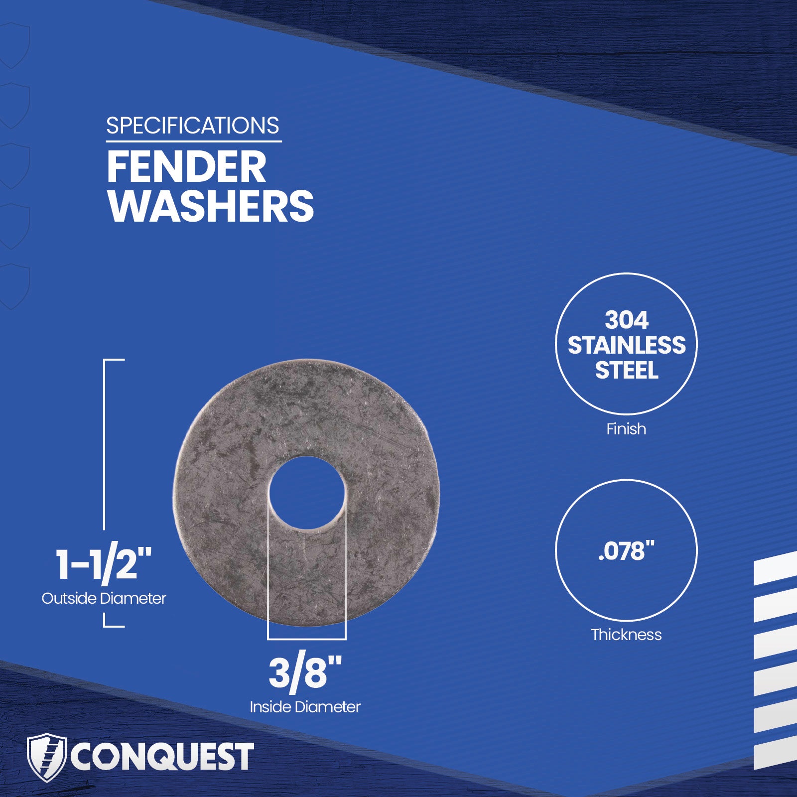 Fender washer with specifications on a blue background