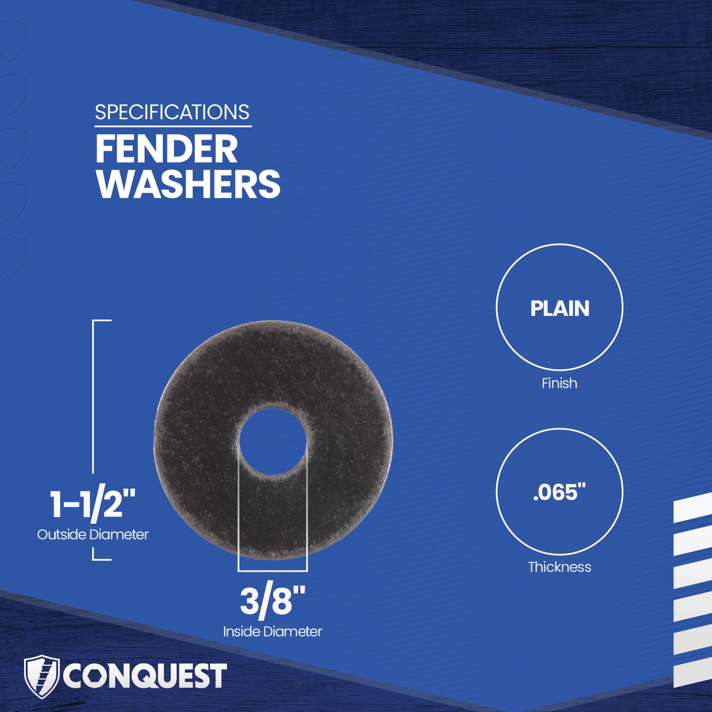 Fender washer with specifications on a blue background