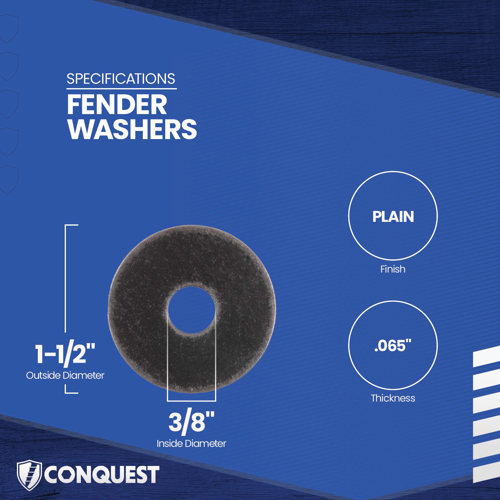 Fender washer with specifications on a blue background