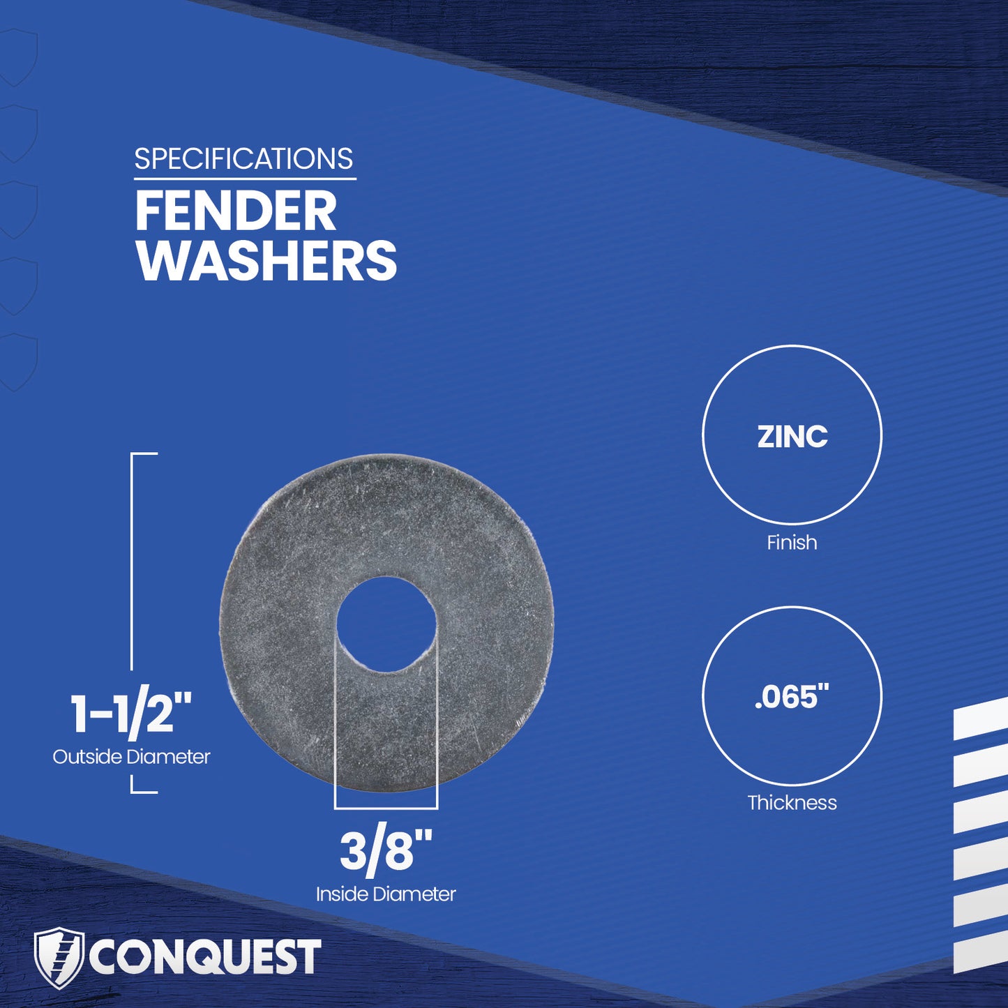 Fender washer with specifications on a blue background