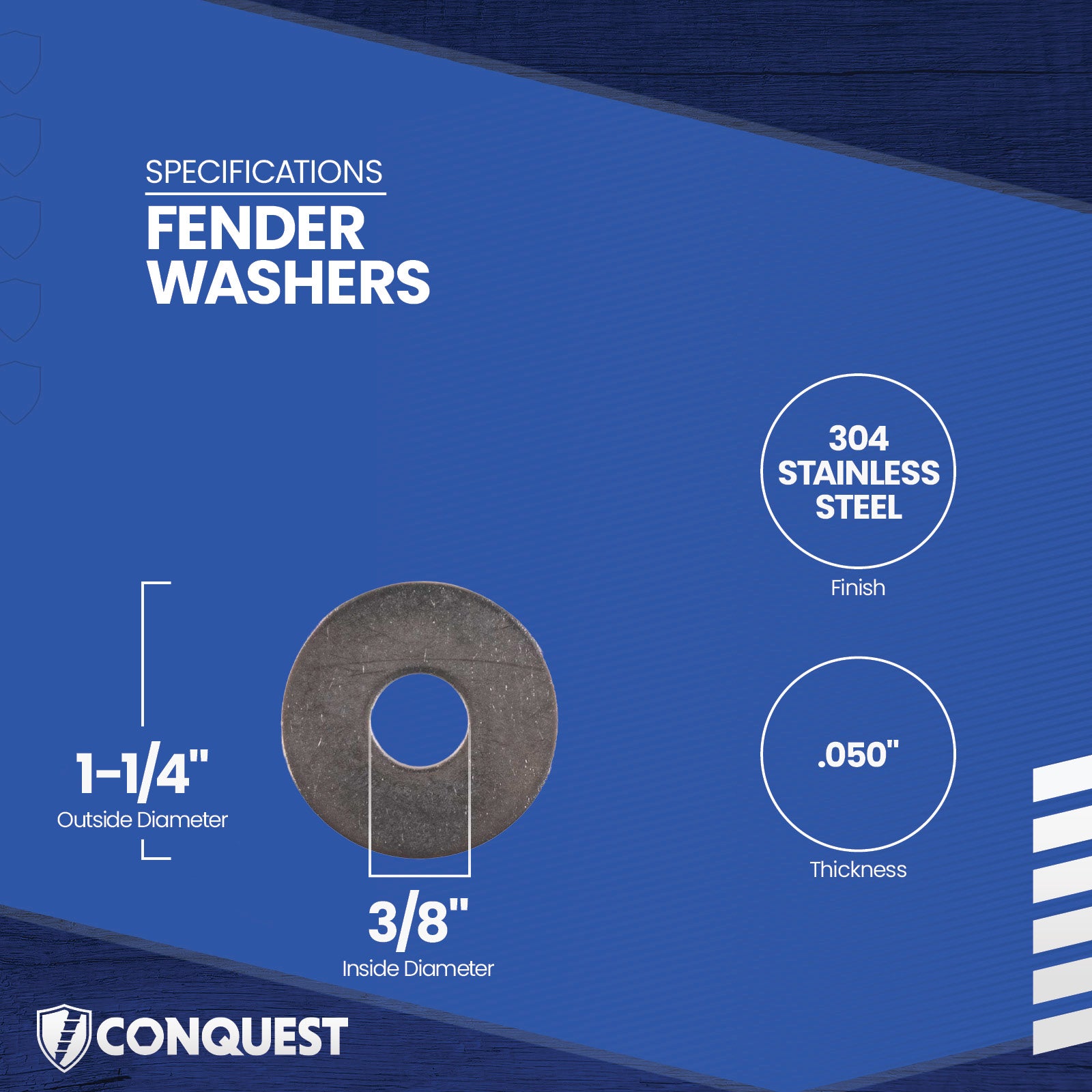 Fender washer with specifications on a blue background