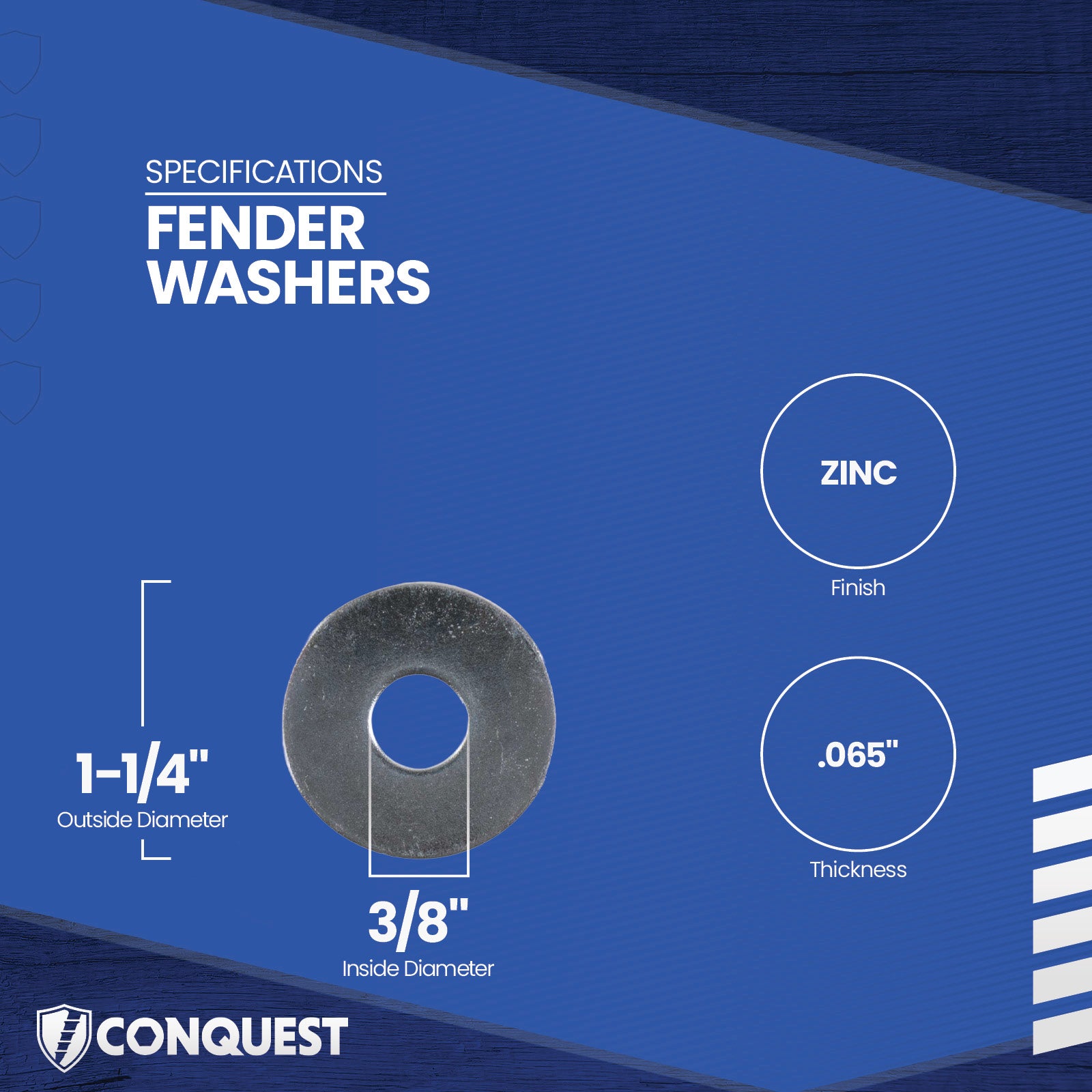 Fender washer with specifications on a blue background