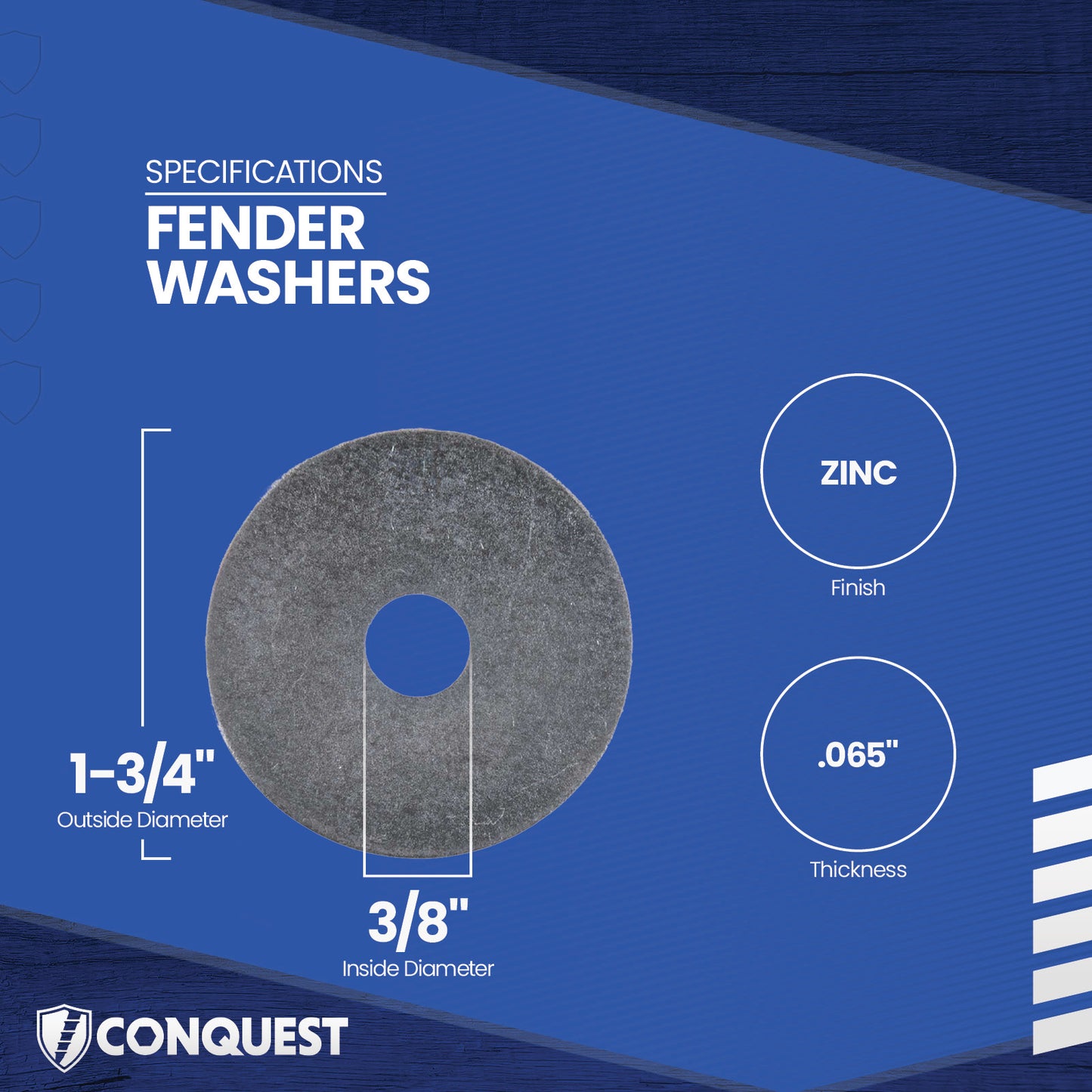 Fender washer with specifications on a blue background