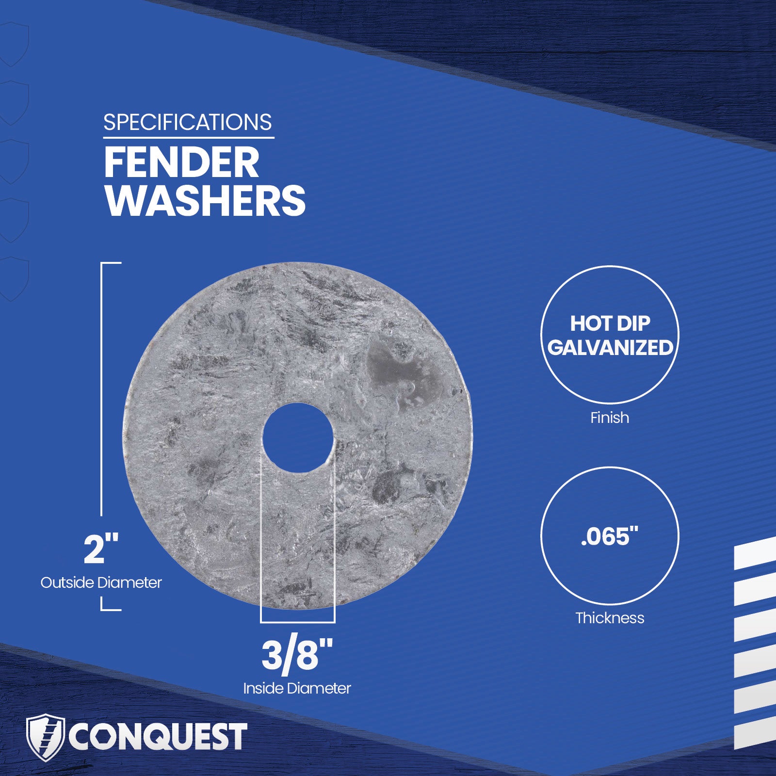 Fender washer with specifications on a blue background