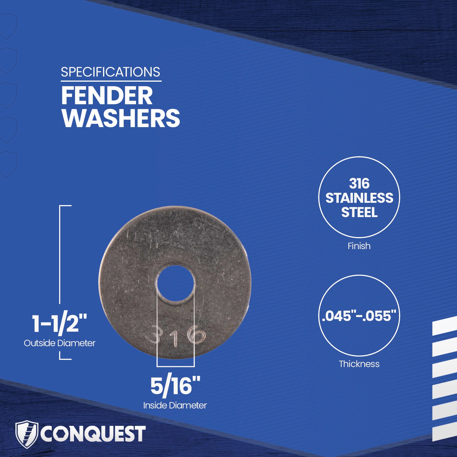 Fender washer with specifications on a blue background