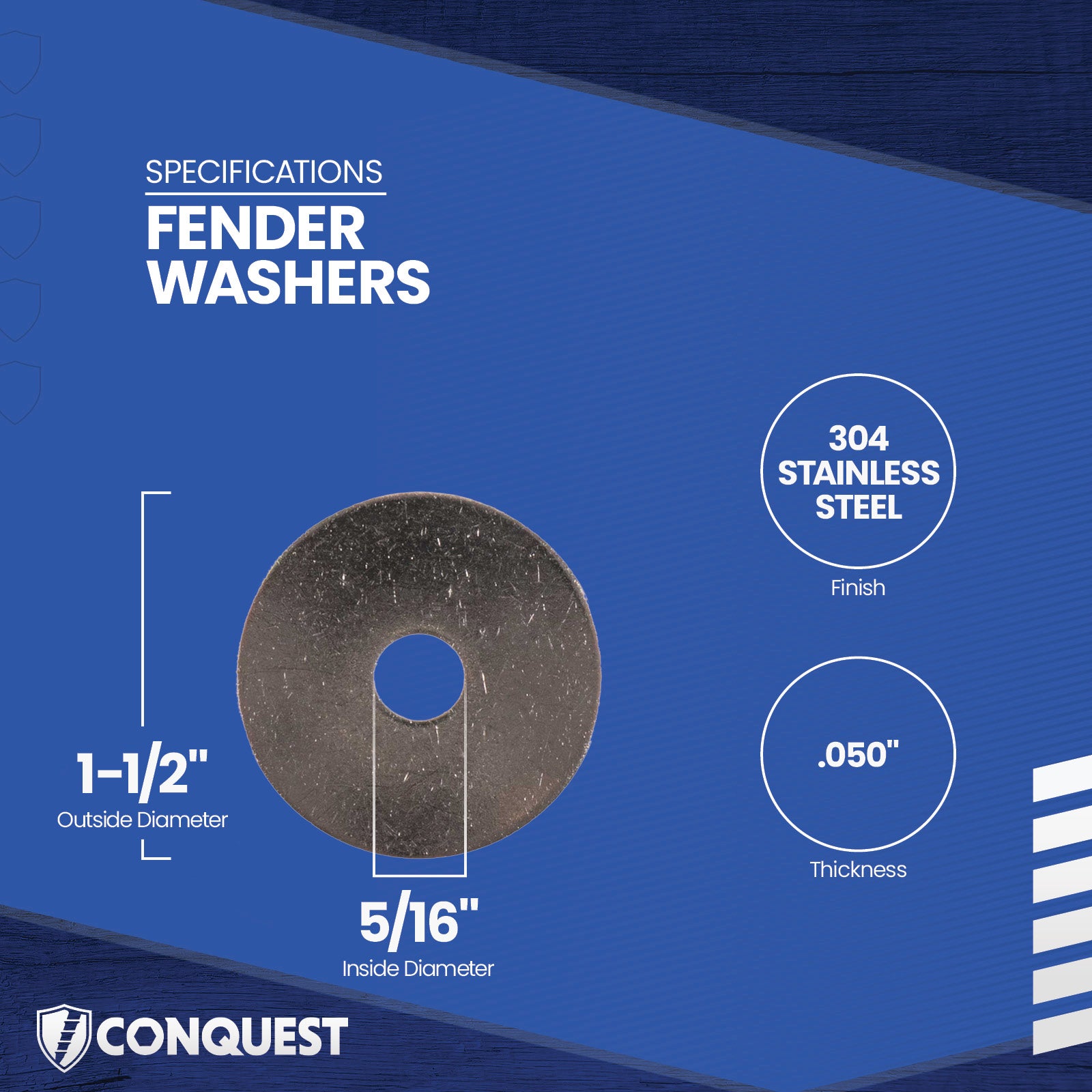 Fender washer with specifications on a blue background