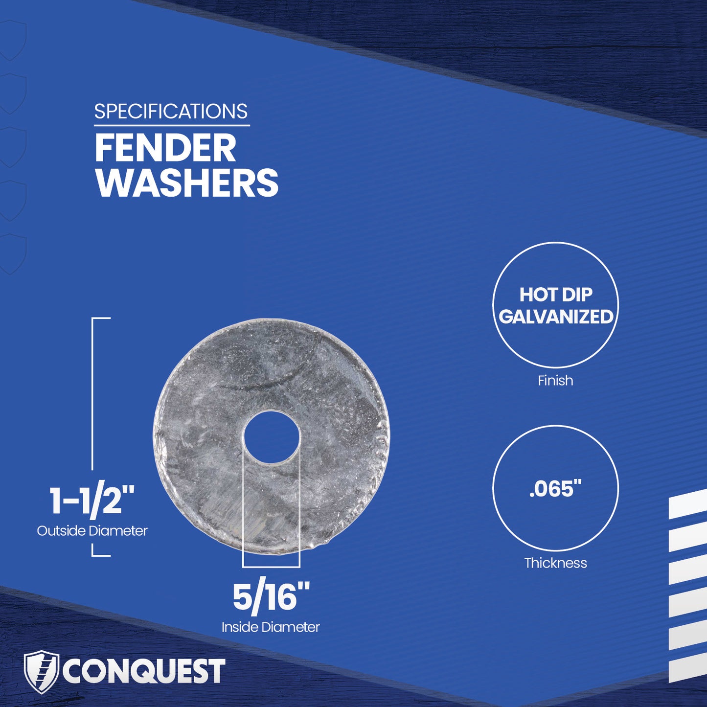 Fender washer with specifications on a blue background