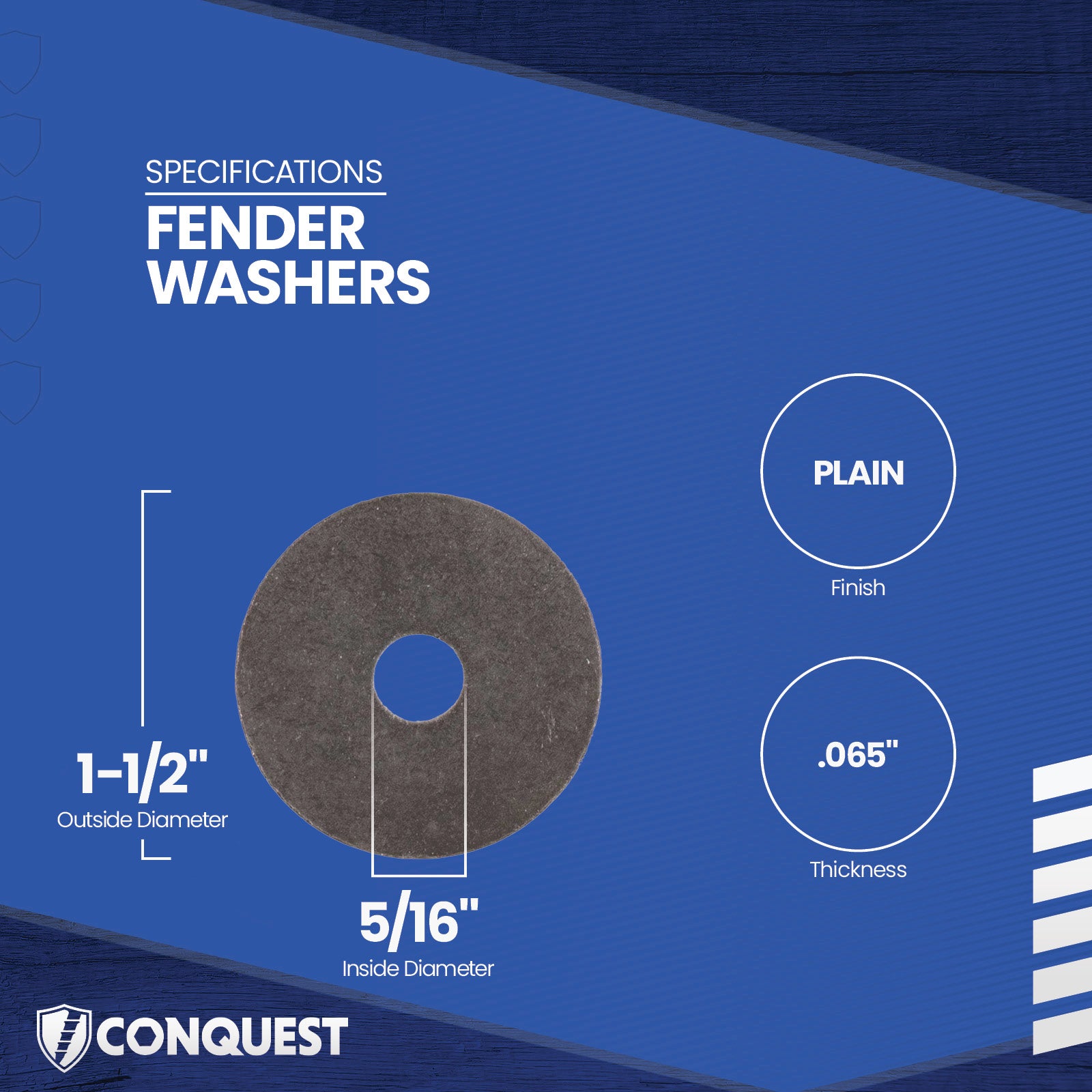 Fender washer with specifications on a blue background