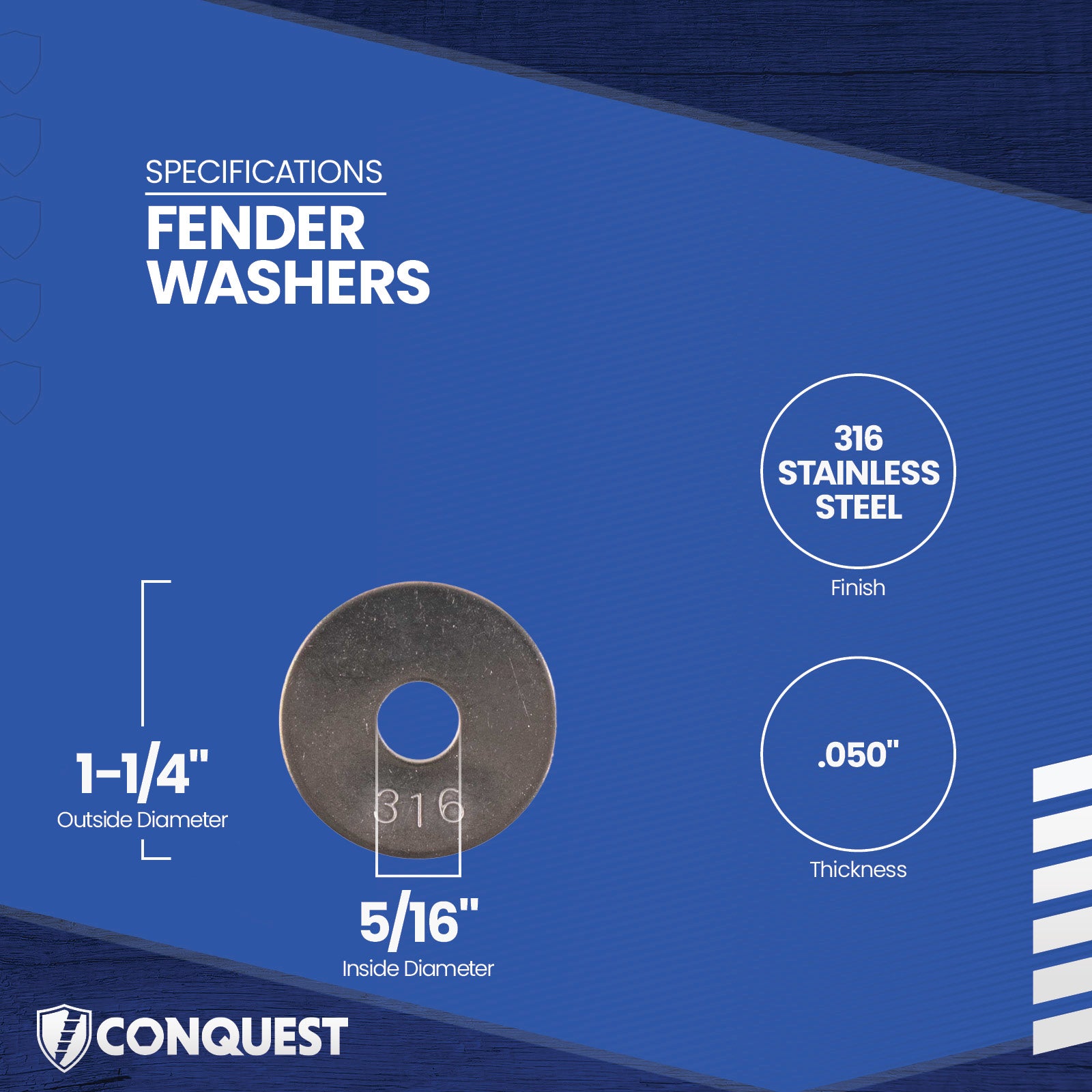 Fender washer with specifications on a blue background