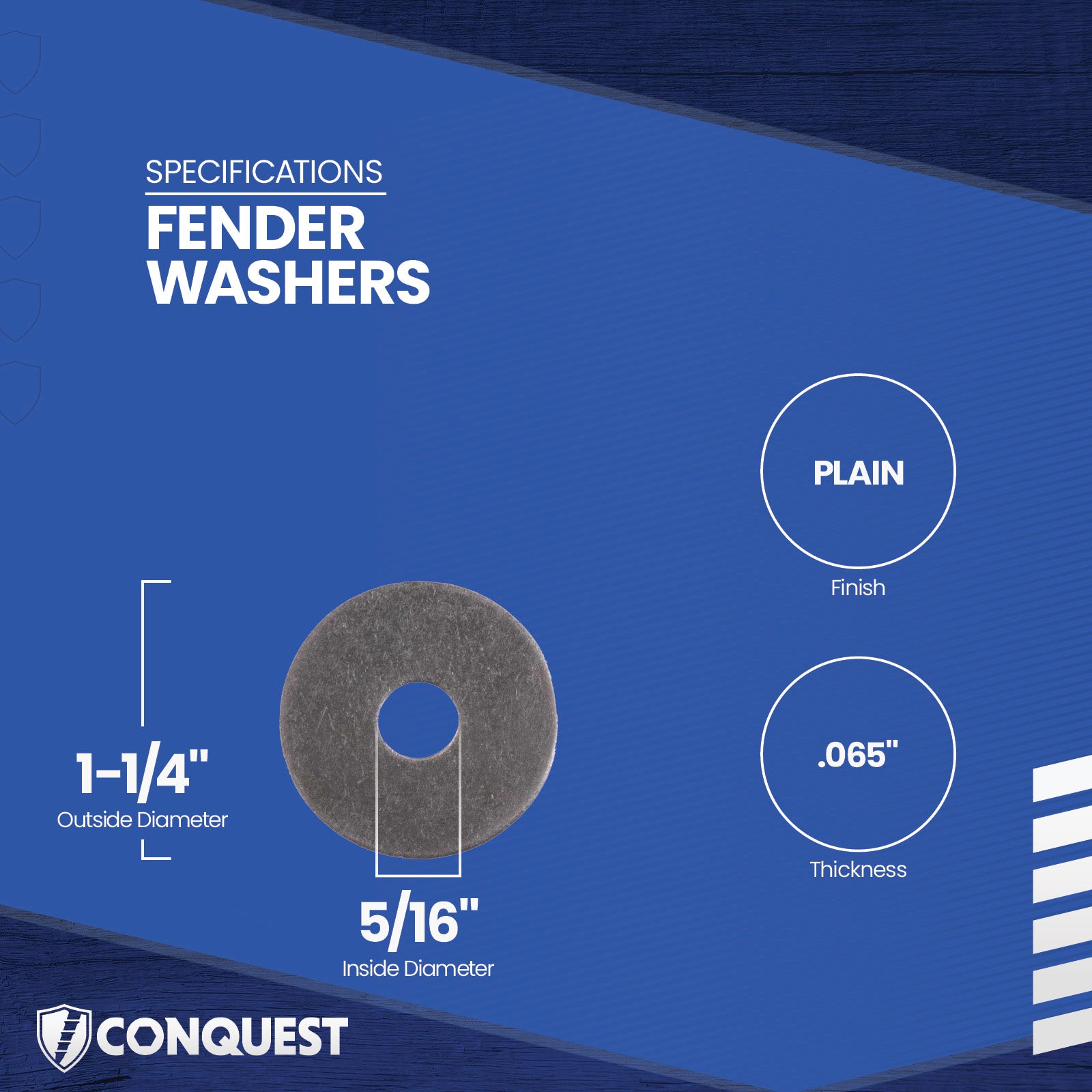 Fender washer with specifications on a blue background