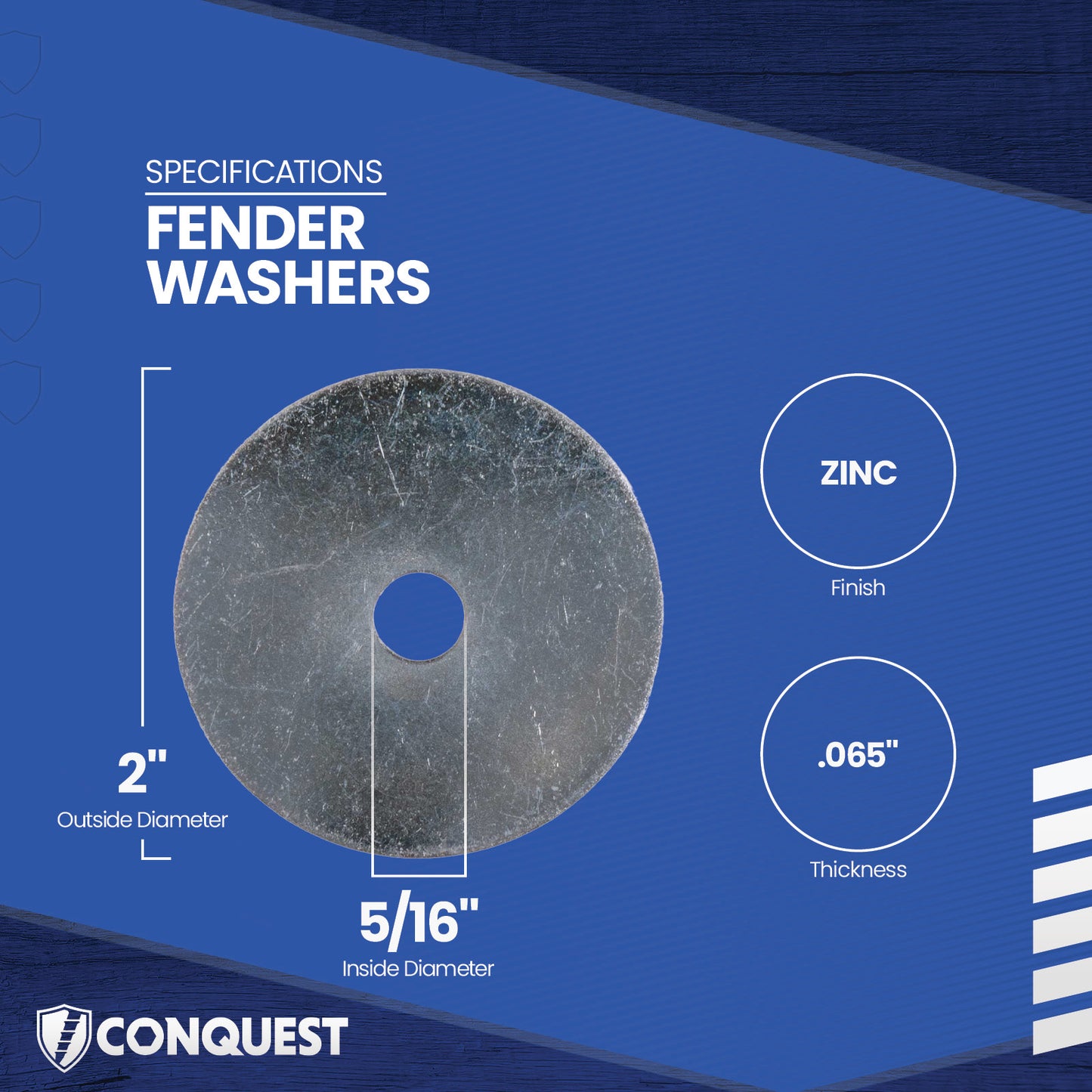 Fender washer with specifications on a blue background