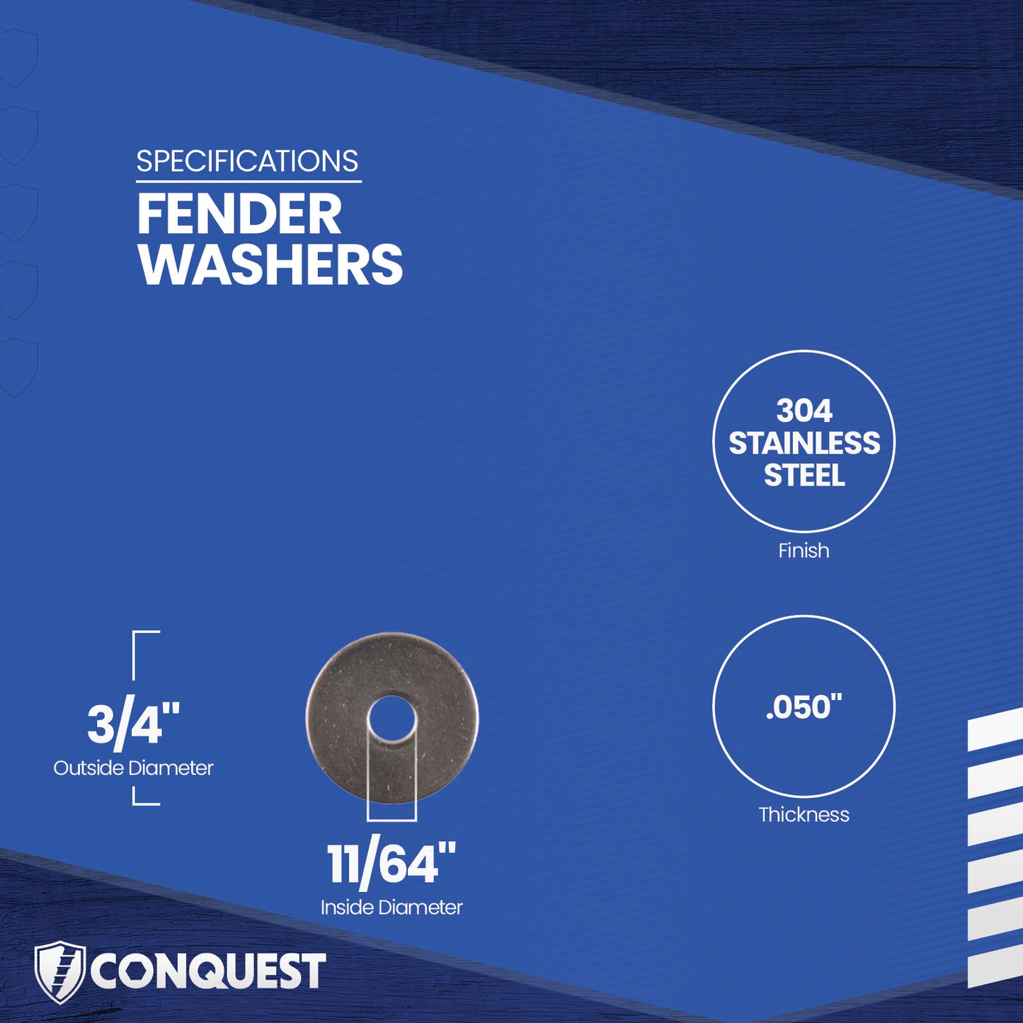 Fender washer with specifications on a blue background