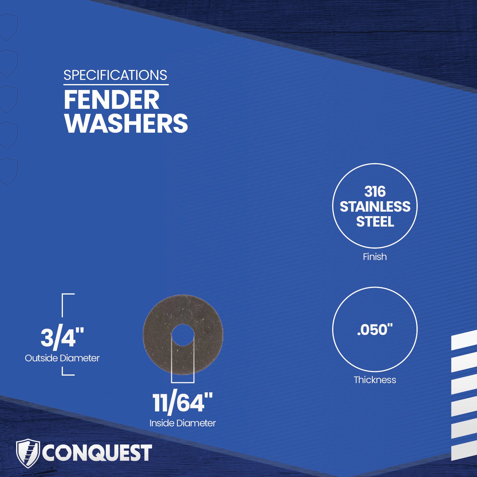 Fender washer with specifications on a blue background