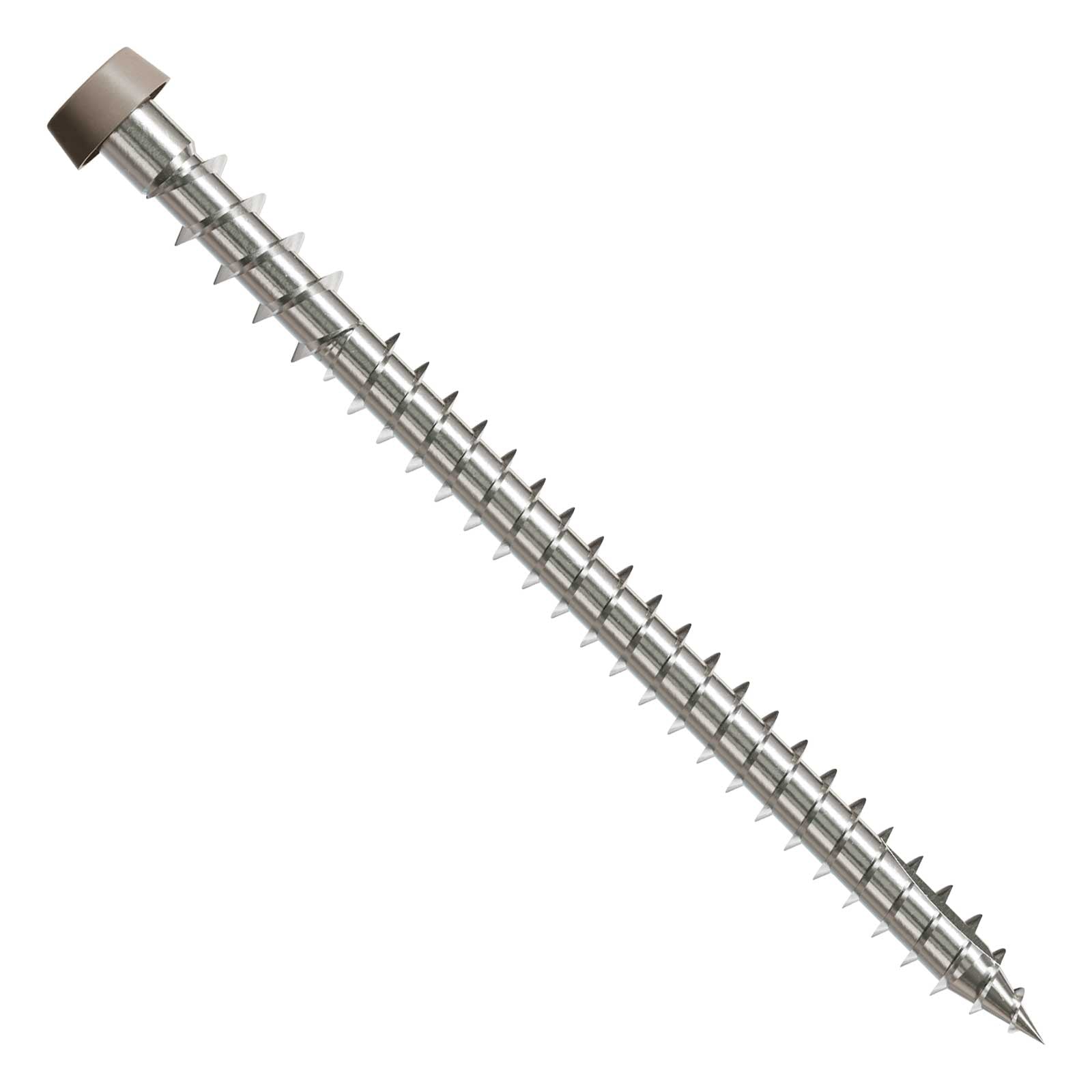 Metal screw with a threaded shaft and gray head on a white background