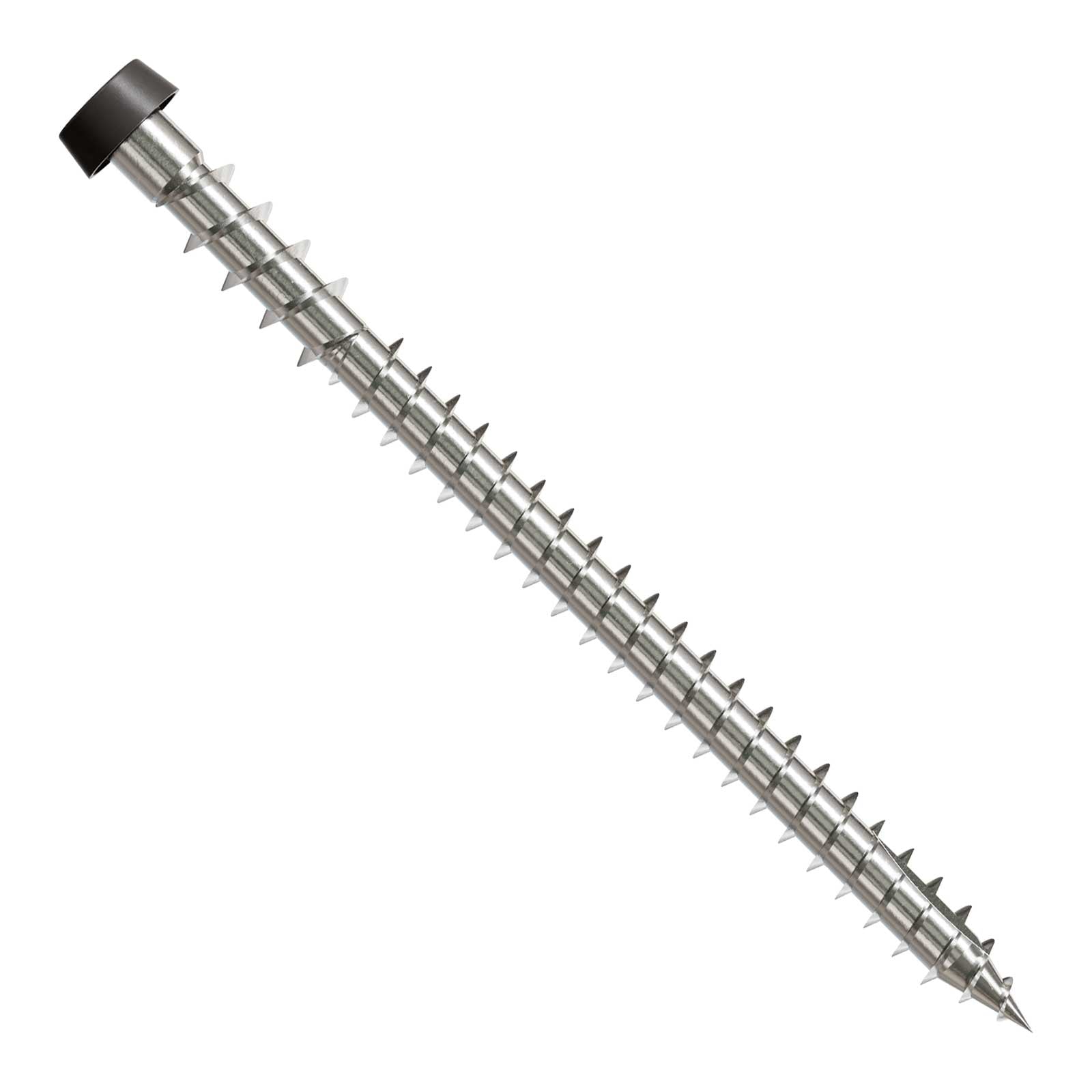 Metal screw with a gray head on a white background