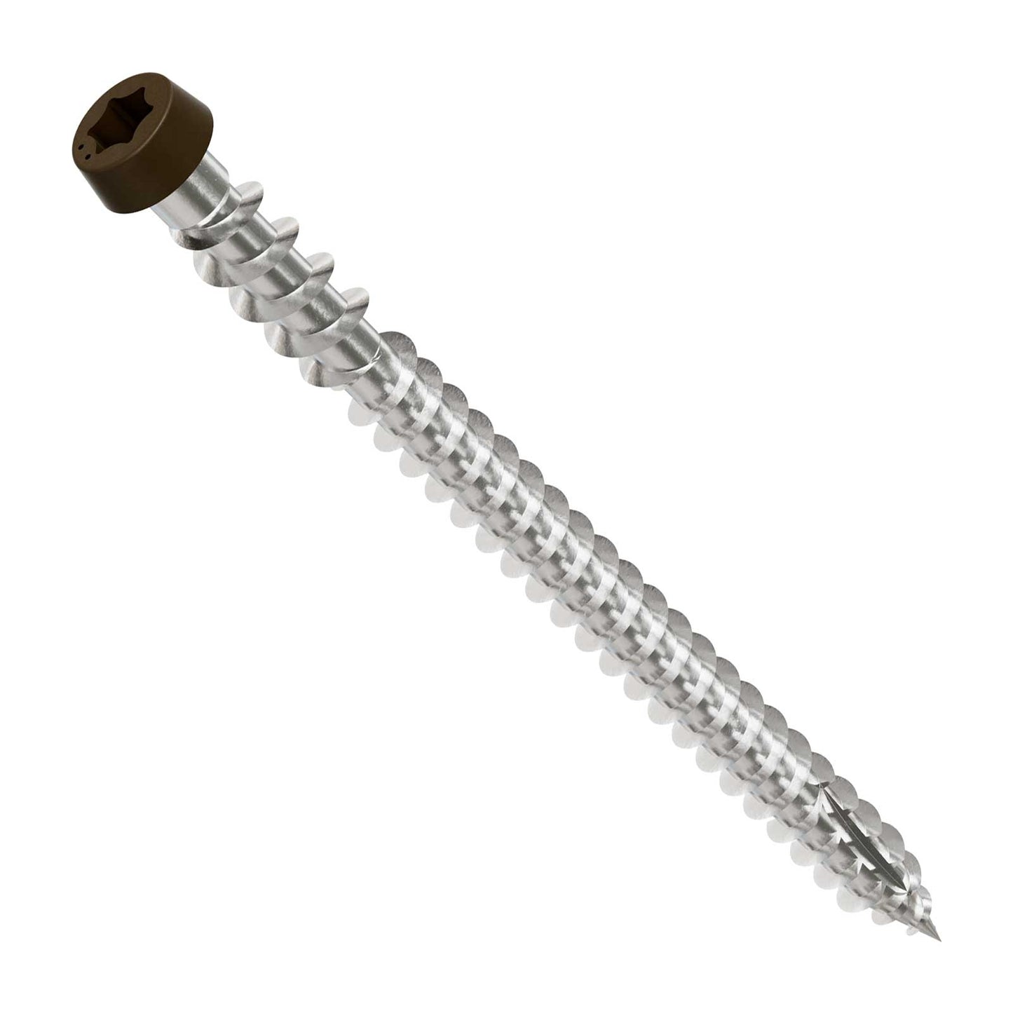 Metal screw with a brown head on a white background