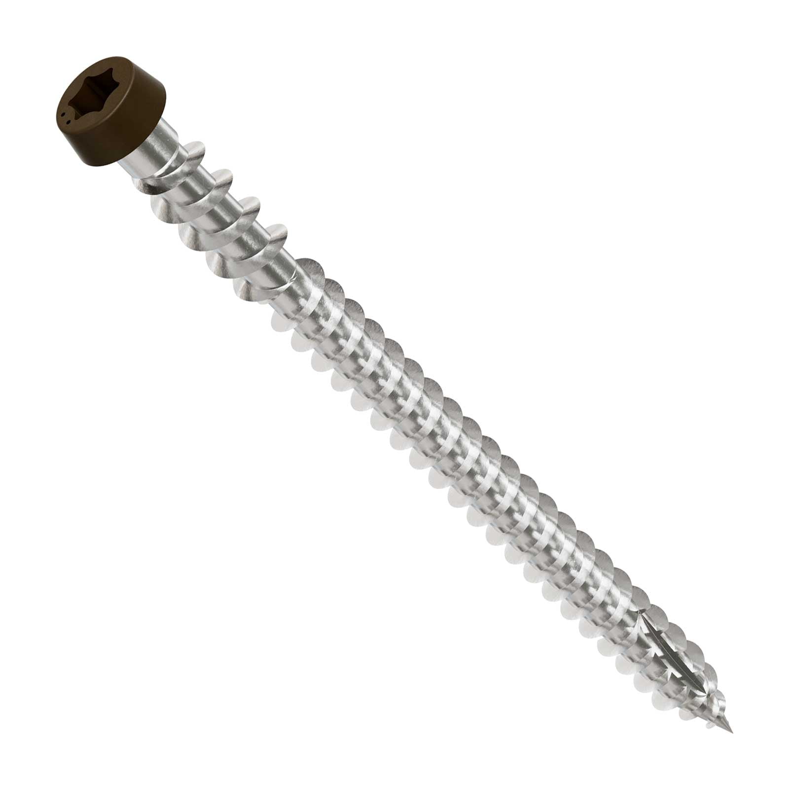 Metal screw with a brown head on a white background