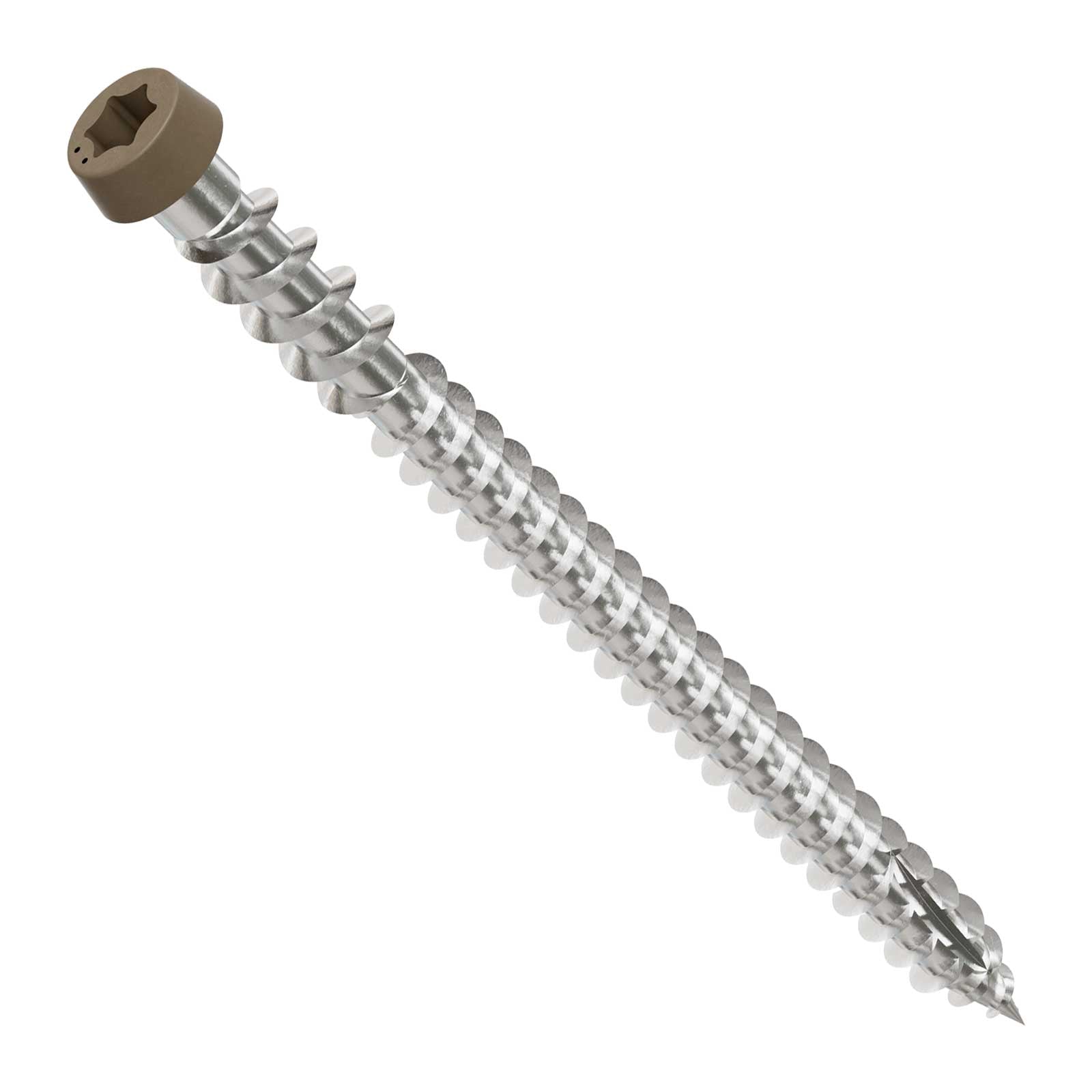 Metal screw with a brown head on a white background