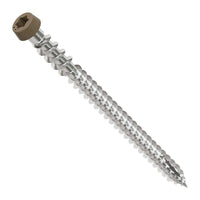 Metal screw with a brown head on a white background