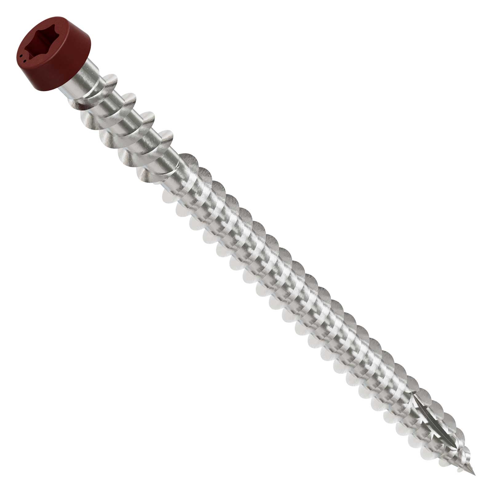 Metal screw with a red head on a white background