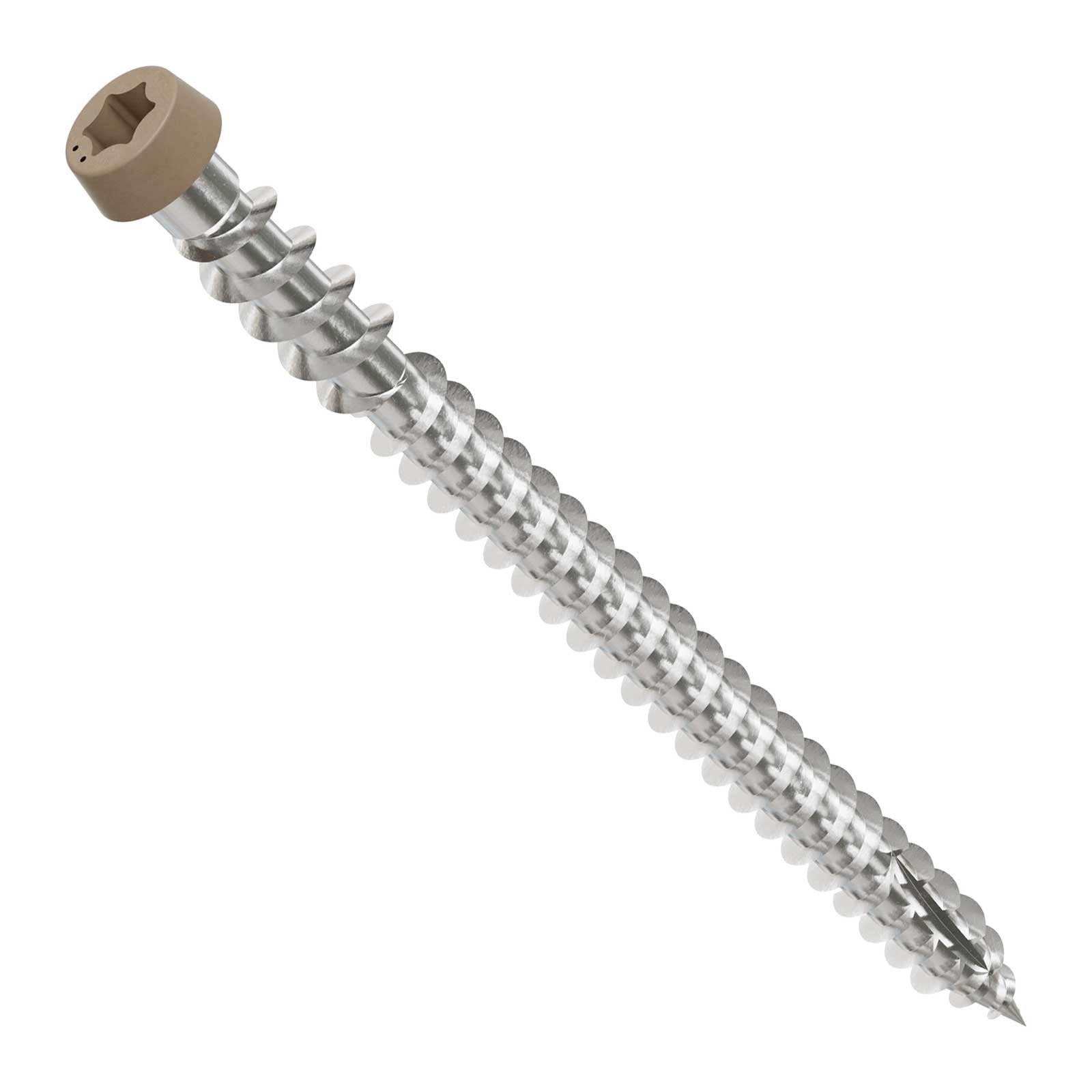 Metal screw with a tan head on a white background
