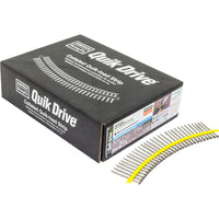 Box of Quik Drive nails with a strip of nails on a white background