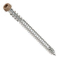 Metal screw with a tan head on a white background