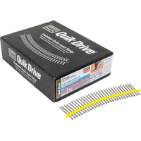 Box of Quik Drive screws with a strip of screws on a white background