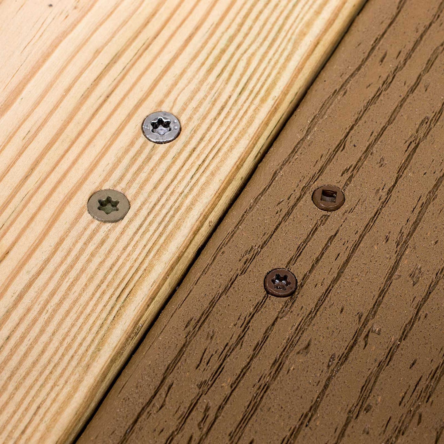 Close-up of wooden planks with screws, showing a close-up detail of the wood texture and screws.
