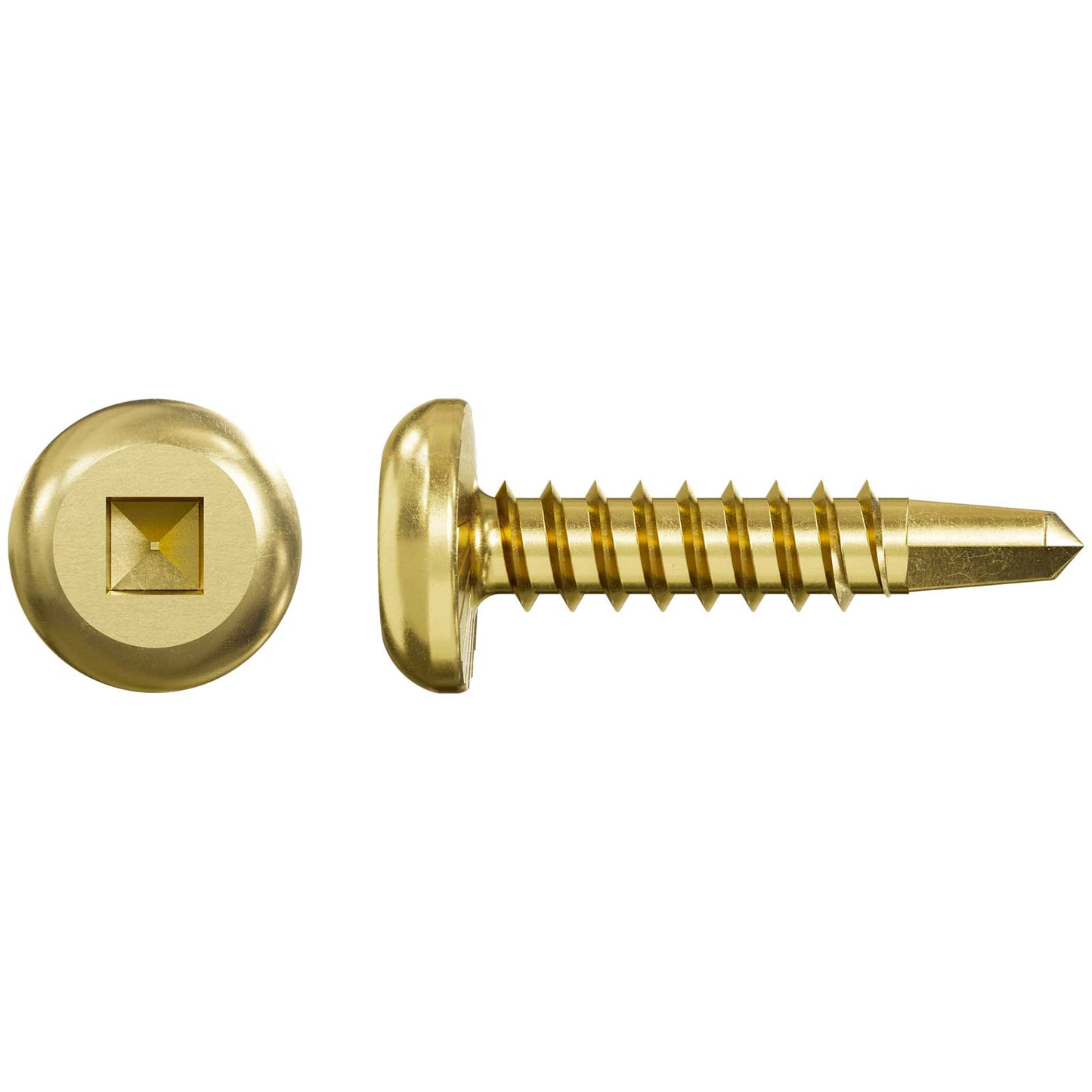 Gold screw with a flat head and threaded shaft on a white background