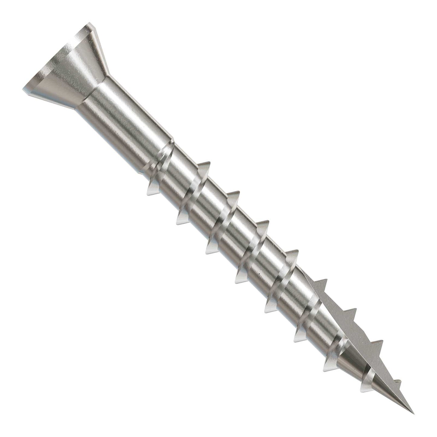Metal screw with a threaded shaft and spiked head on a white background
