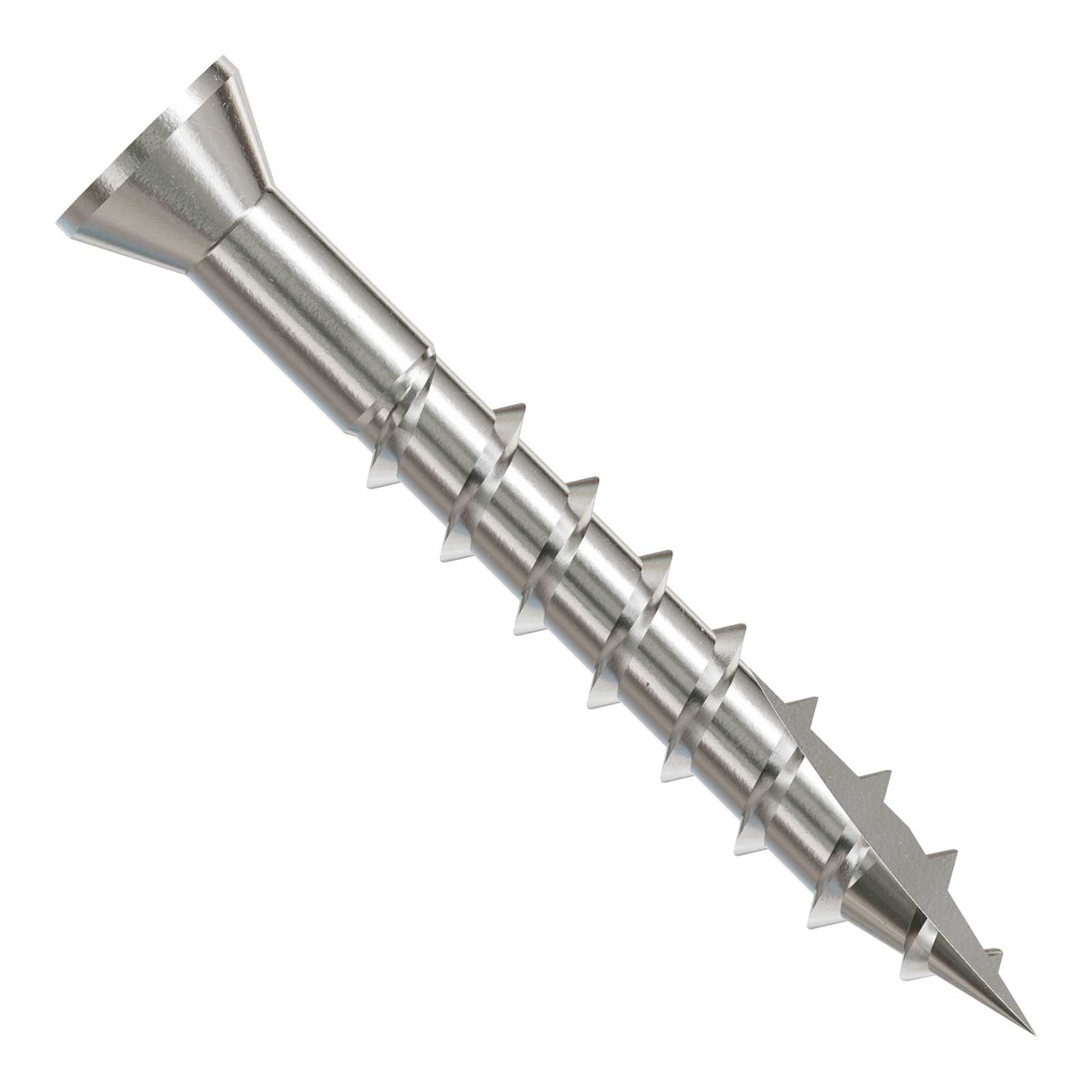 Metal screw with a threaded shaft and spiked head on a white background