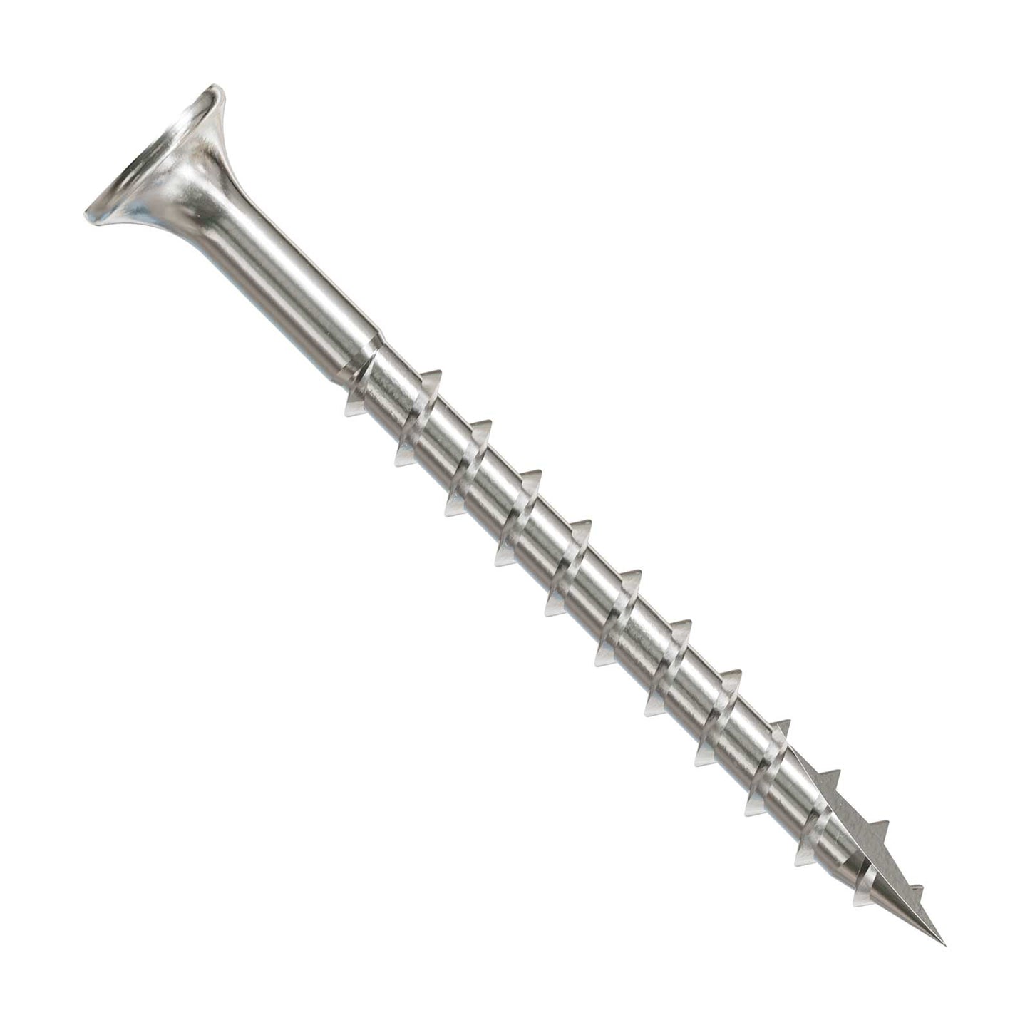 Metal screw with threading on a white background