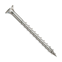 Metal screw with threading on a white background