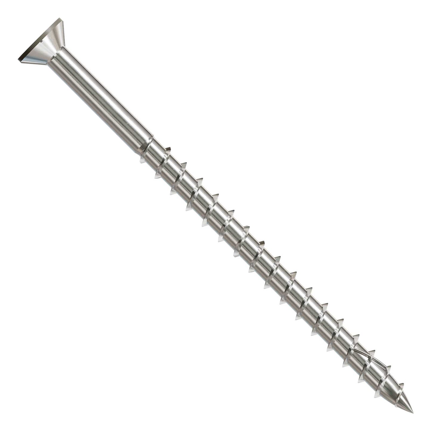 Metal screw with threading on a white background