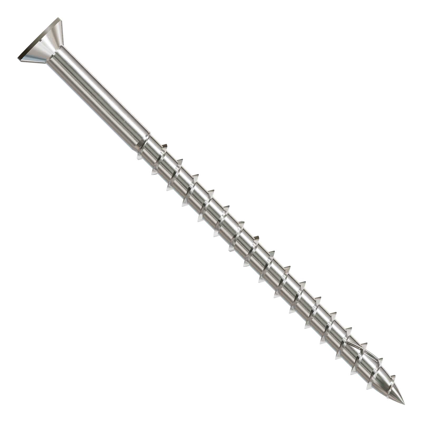 Metal screw with threading on a white background
