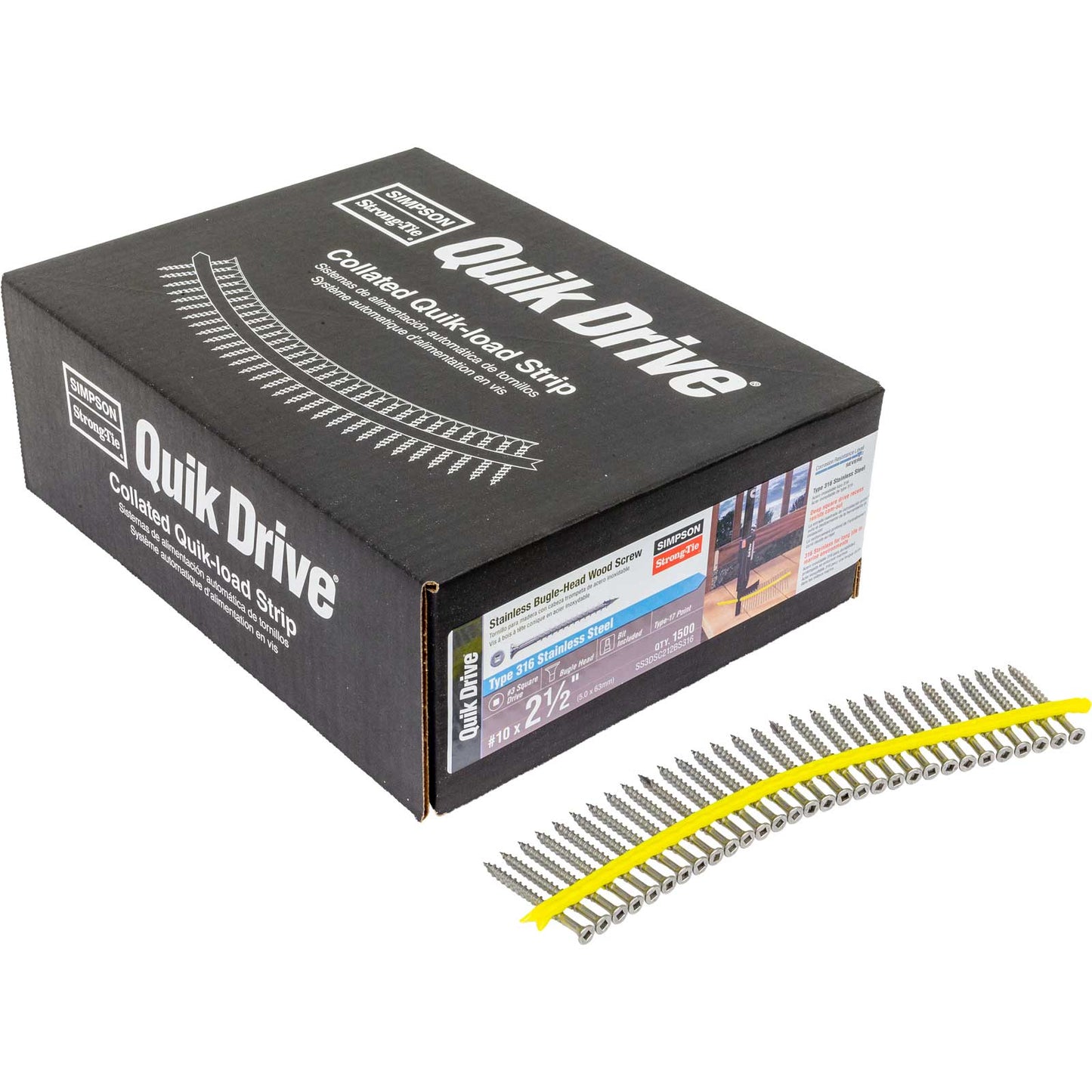 Box of Quik Drive nails with a strip of nails on a white background