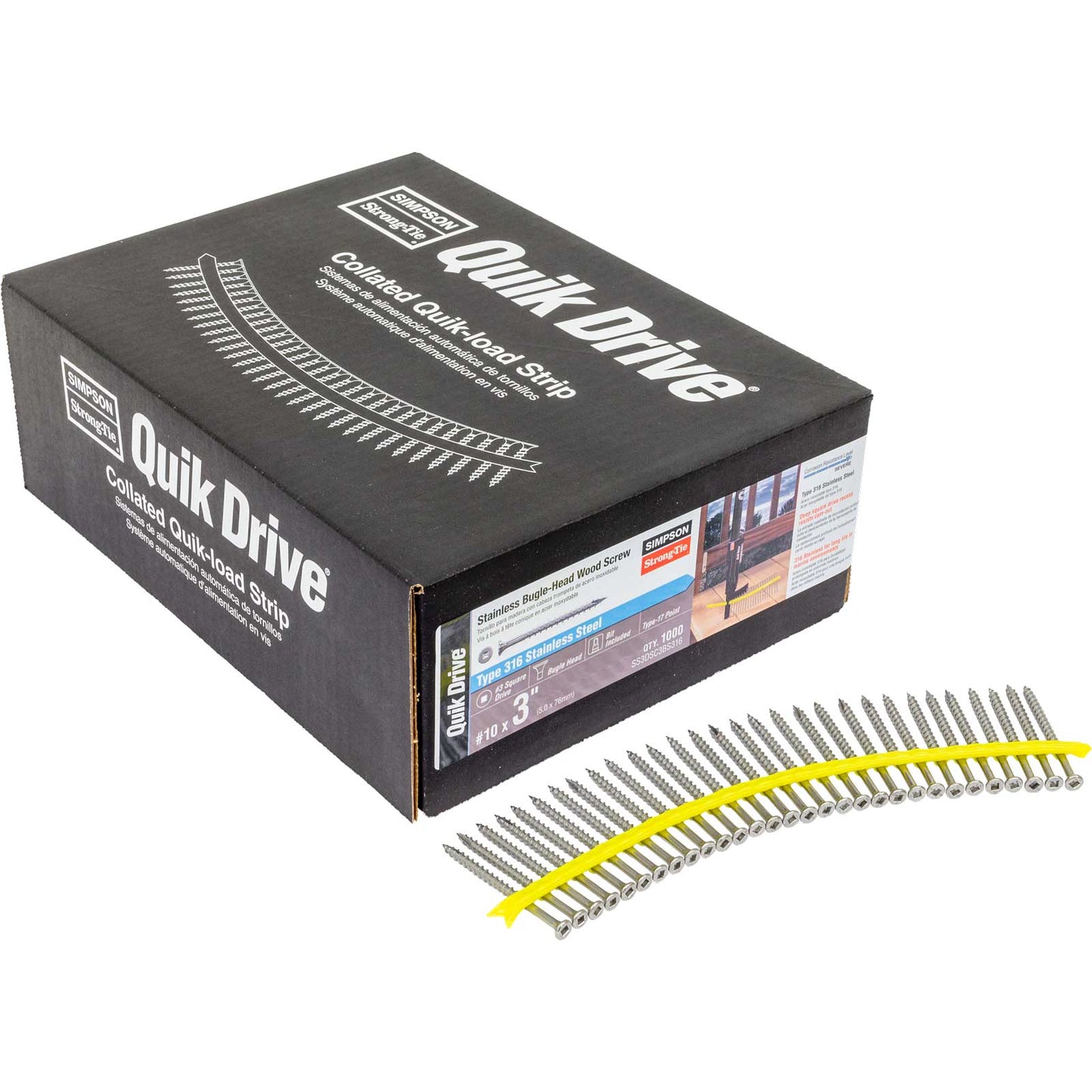 #10 x 3" Simpson Strong-Tie Quik Drive Bugle-Head Collated Wood Decking Screws, 316 Stainless Steel, Pkg 1000