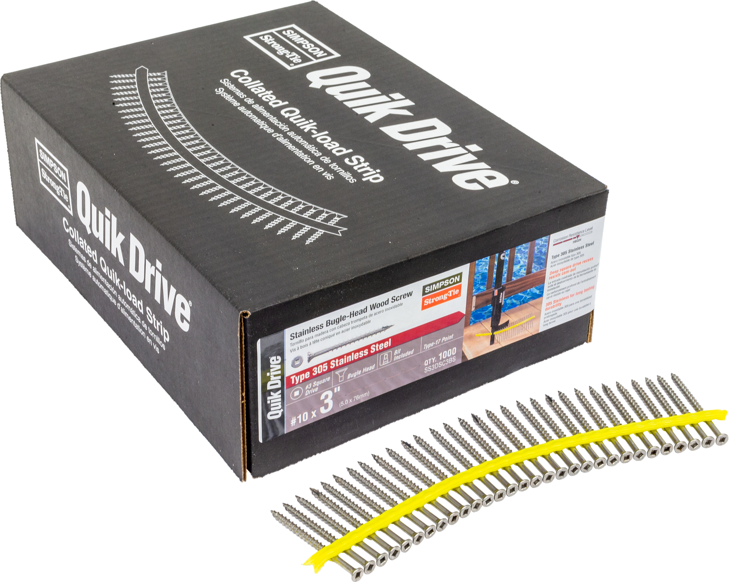 #10 x 3" Quik Drive SS3DSC Bugle-Head Wood Decking Collated Screws, 305 Stainless, Pkg 1000