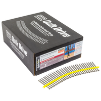 Box of Quik Drive nails with a close-up of the nails on a white background