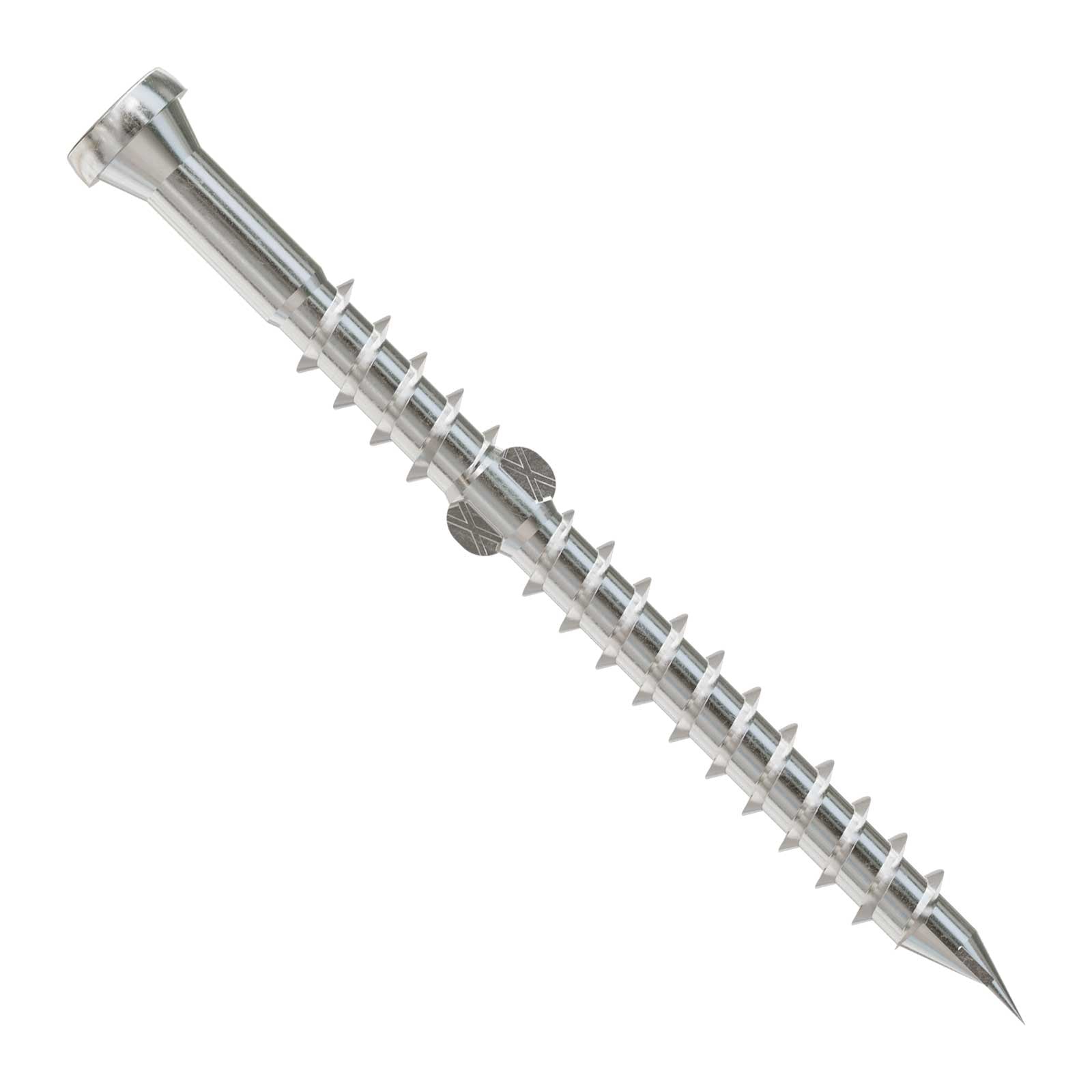 Metal screw with threading on a white background