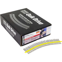 Box of Quik Drive screws with screws displayed in front on a white background